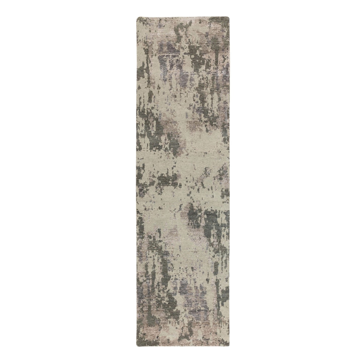 2'8"X9'7" Hi & Lo Pile Abstract Design Wool & Silk Hand Made Runner Rug