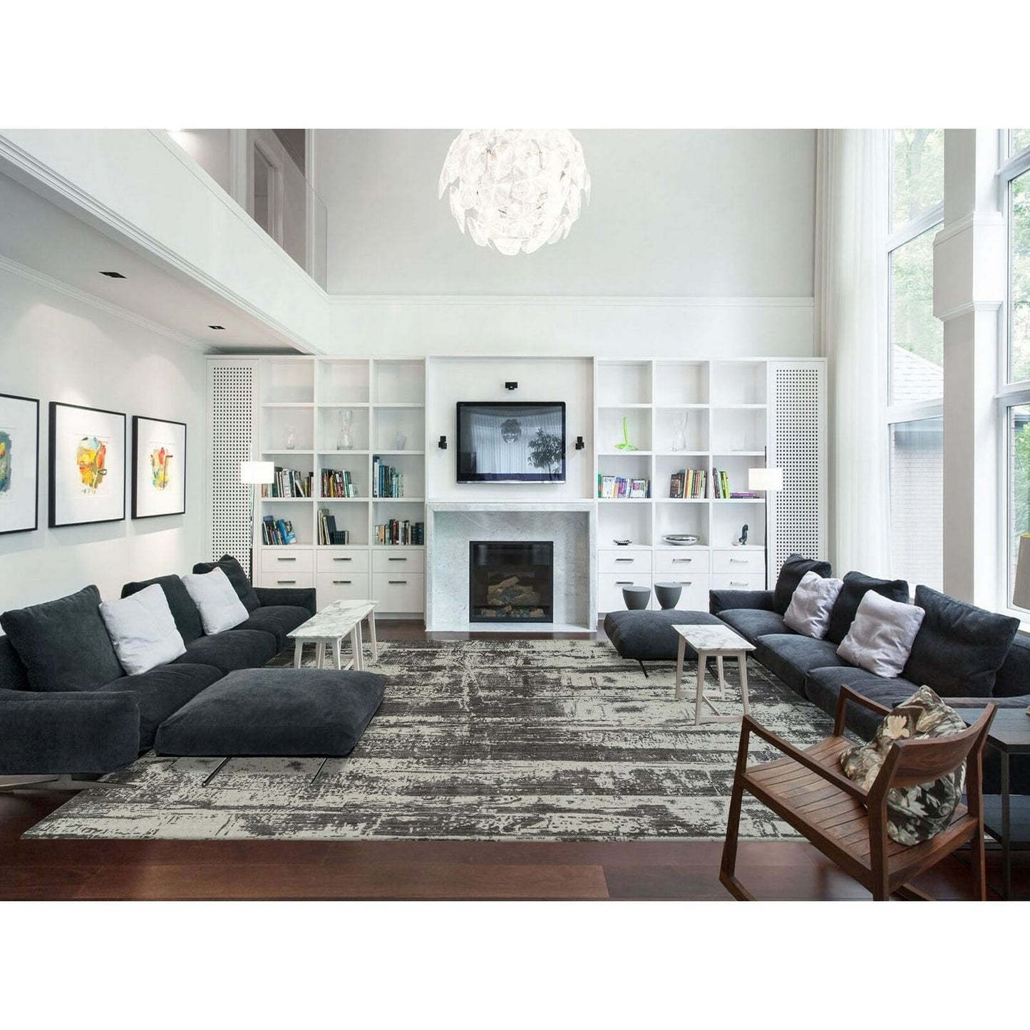 12'X18'1" Black Modern Design Wool And Silk Hand Loomed Oversized Rug