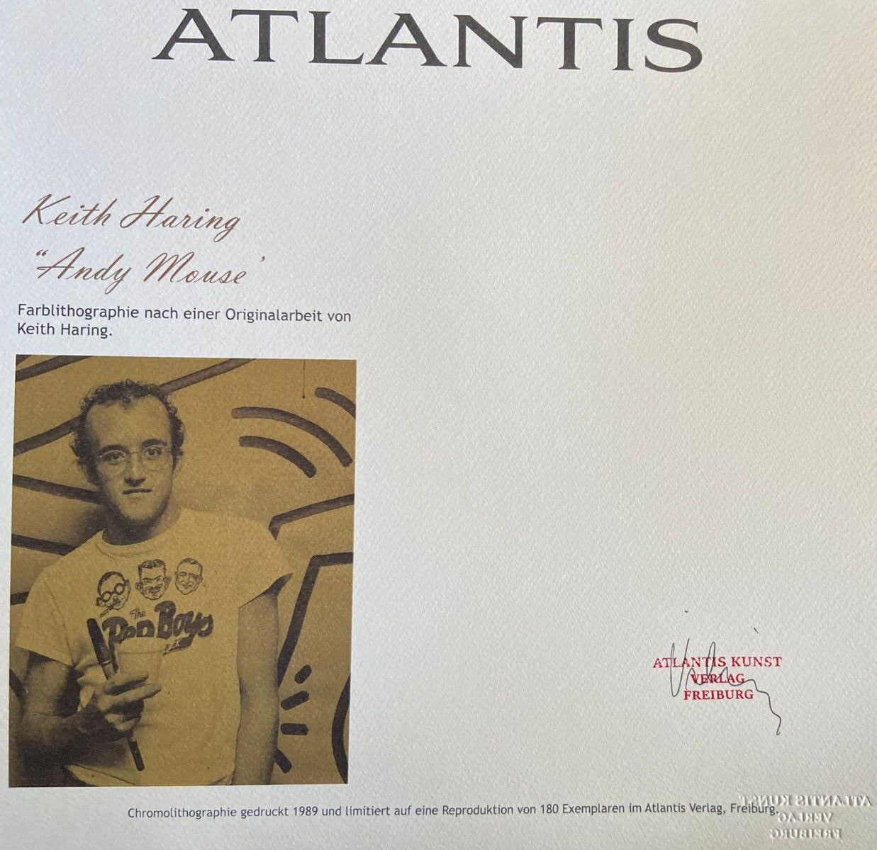 Keith Haring Lithograph' Andy Mouse' Coa