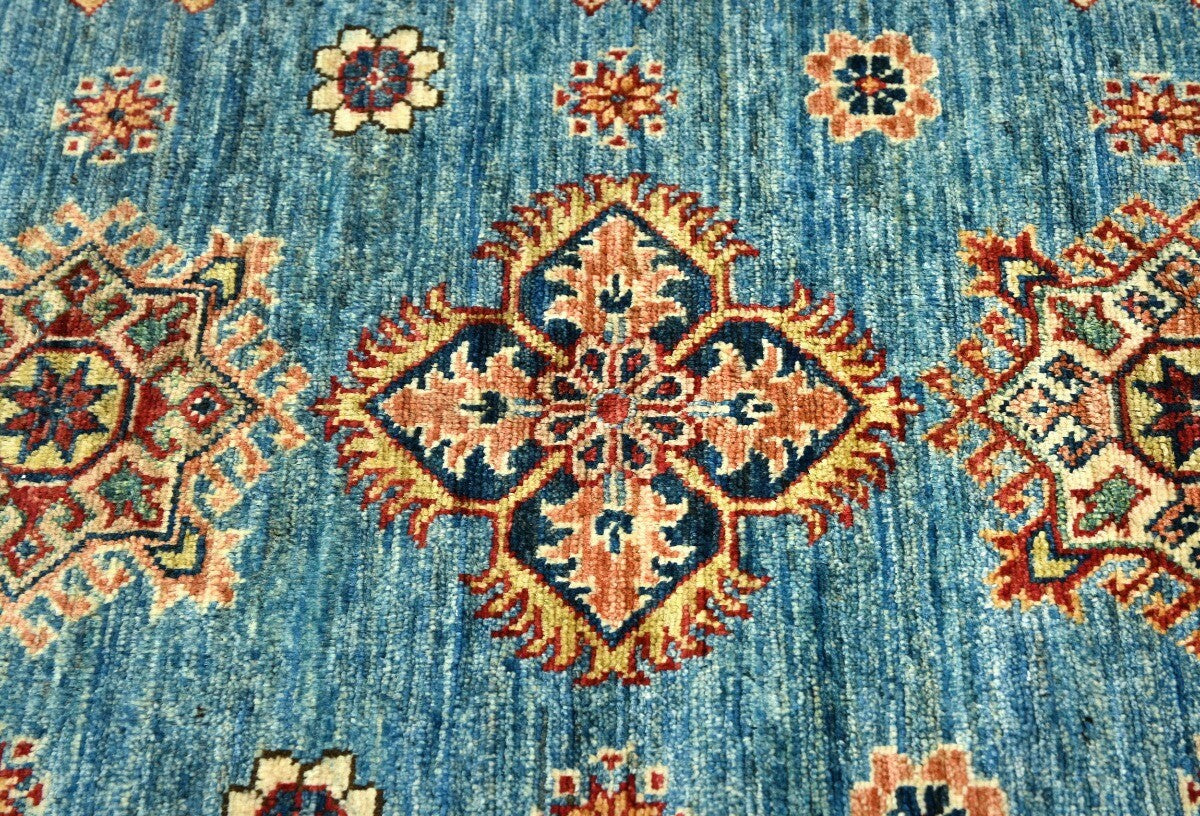 Tribal Geometric Kazak Area Rug Blue Farmho Boho