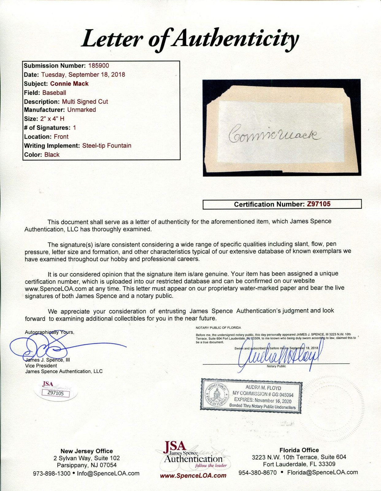 Connie Mack Autographed 2X4 Cut (Jsa)