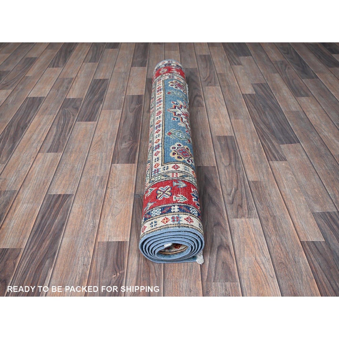 3'10"X6'3" Ruddy Blue Kazak Geometric Design Soft Wool Hand Knotted Rug