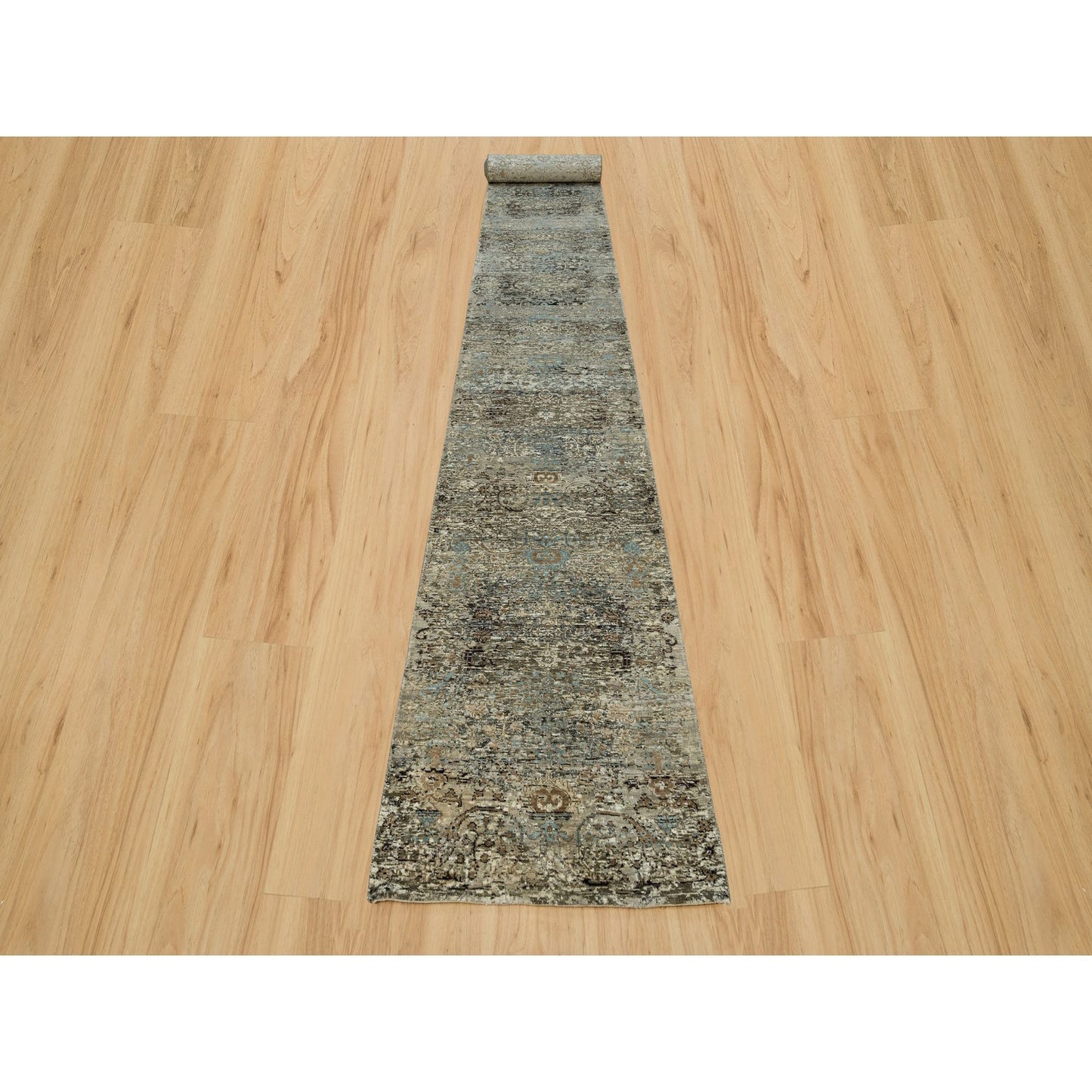 2'8"X23'10" Gray Transitional Hand Knotted Silk And Wool Xl Runner Rug