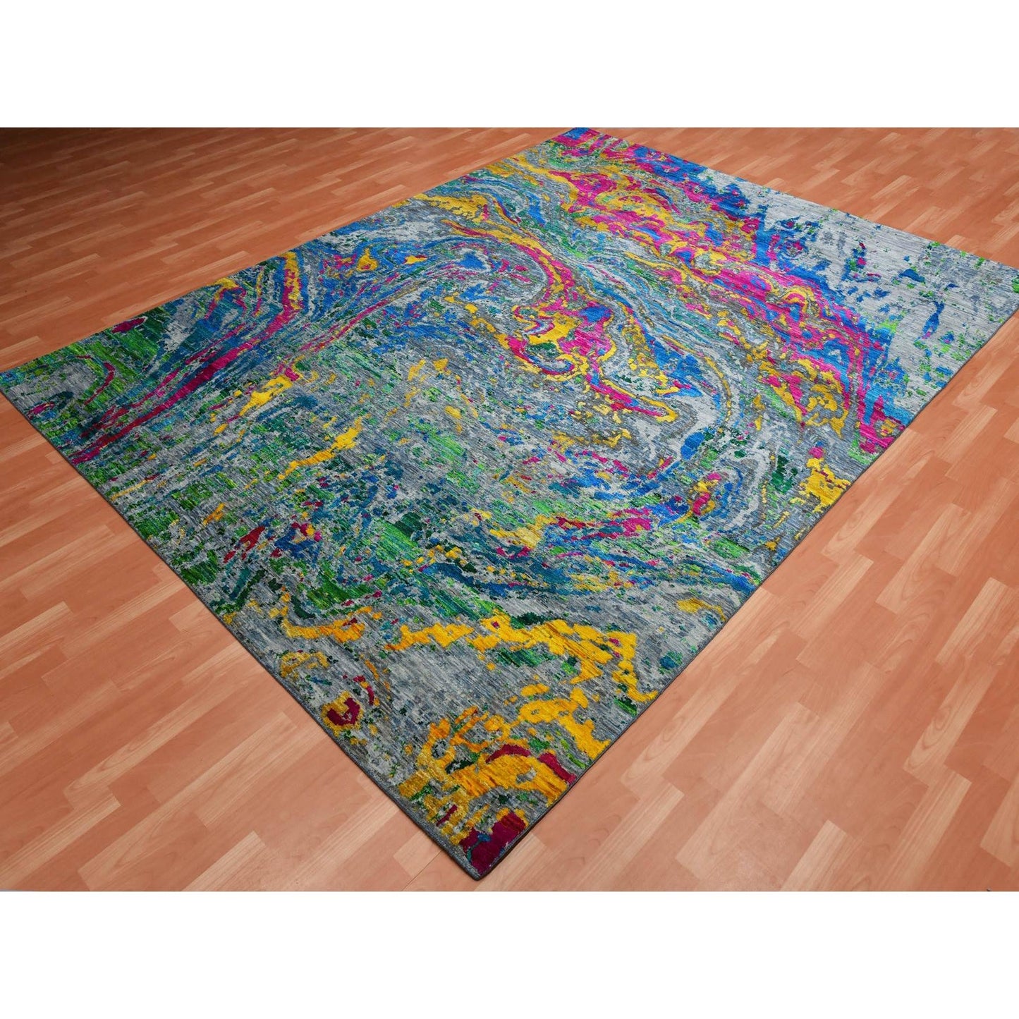 9'X11'9" Gray Lava Design Sari Silk With Wool Hand Knotted Rug