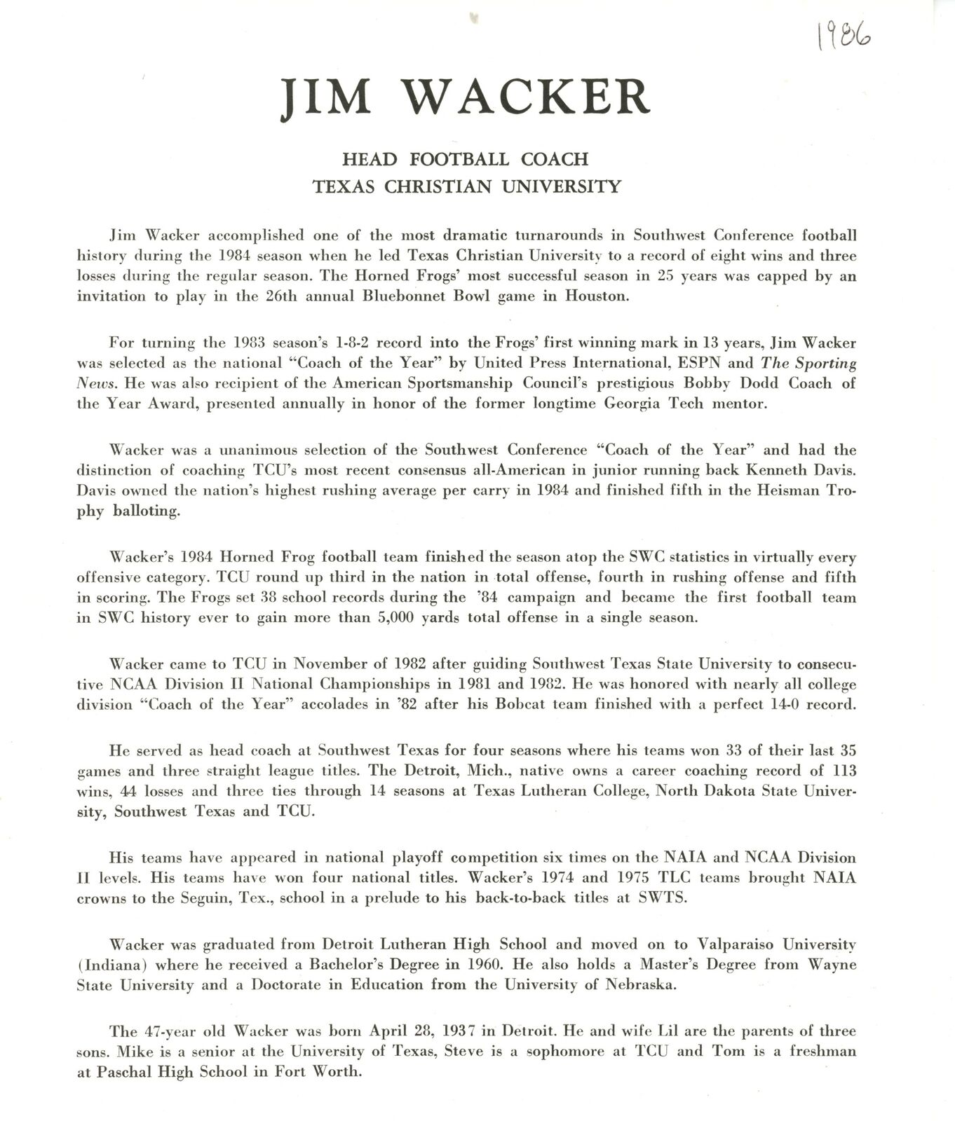Jim Wacker Signed 8X10 Photo With Bio Info Texas