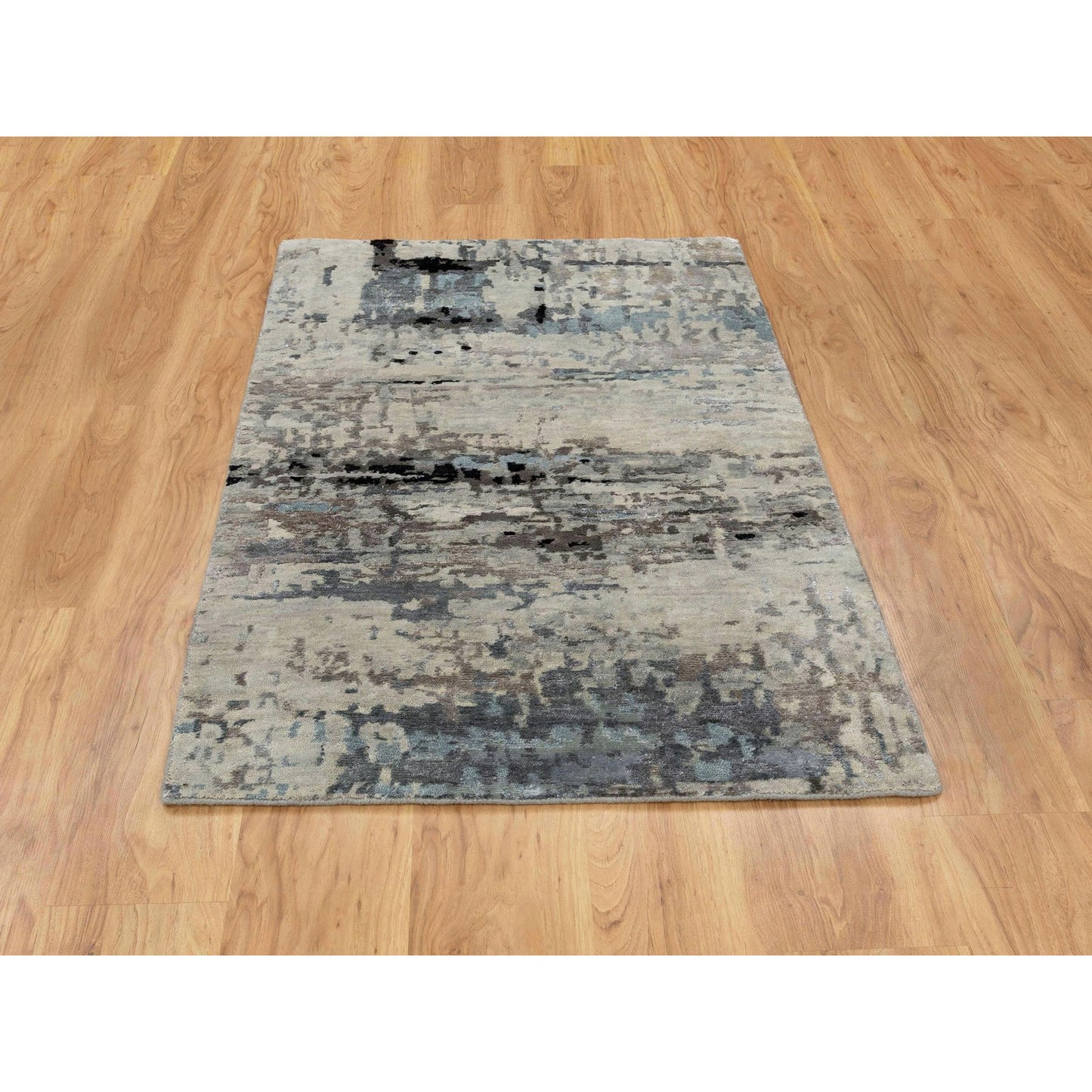 3'X4'10" Abstract Design Silver-Blue Hand Knotted Wool And Silk Rug