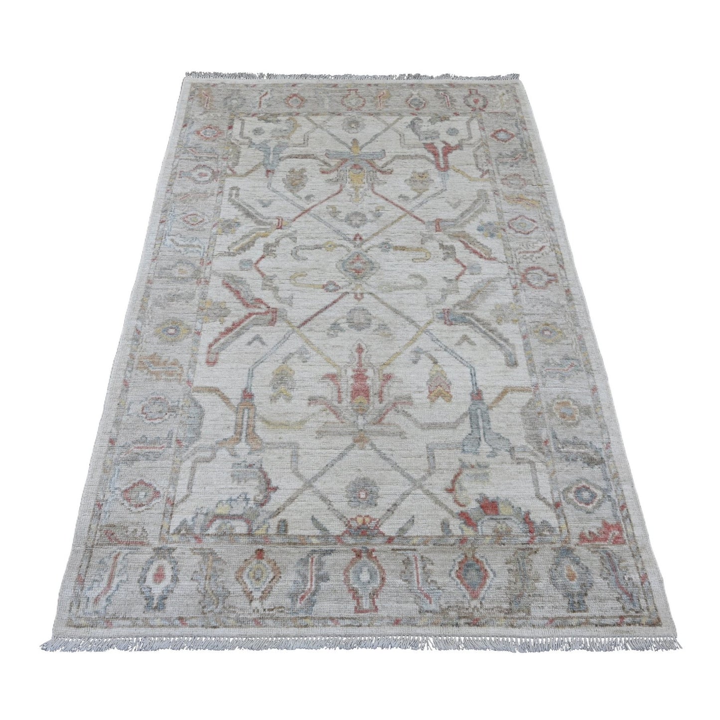 4'X6' Oyster White Afghan Angora Oushak Vine Design Hand Knotted Wool Rug