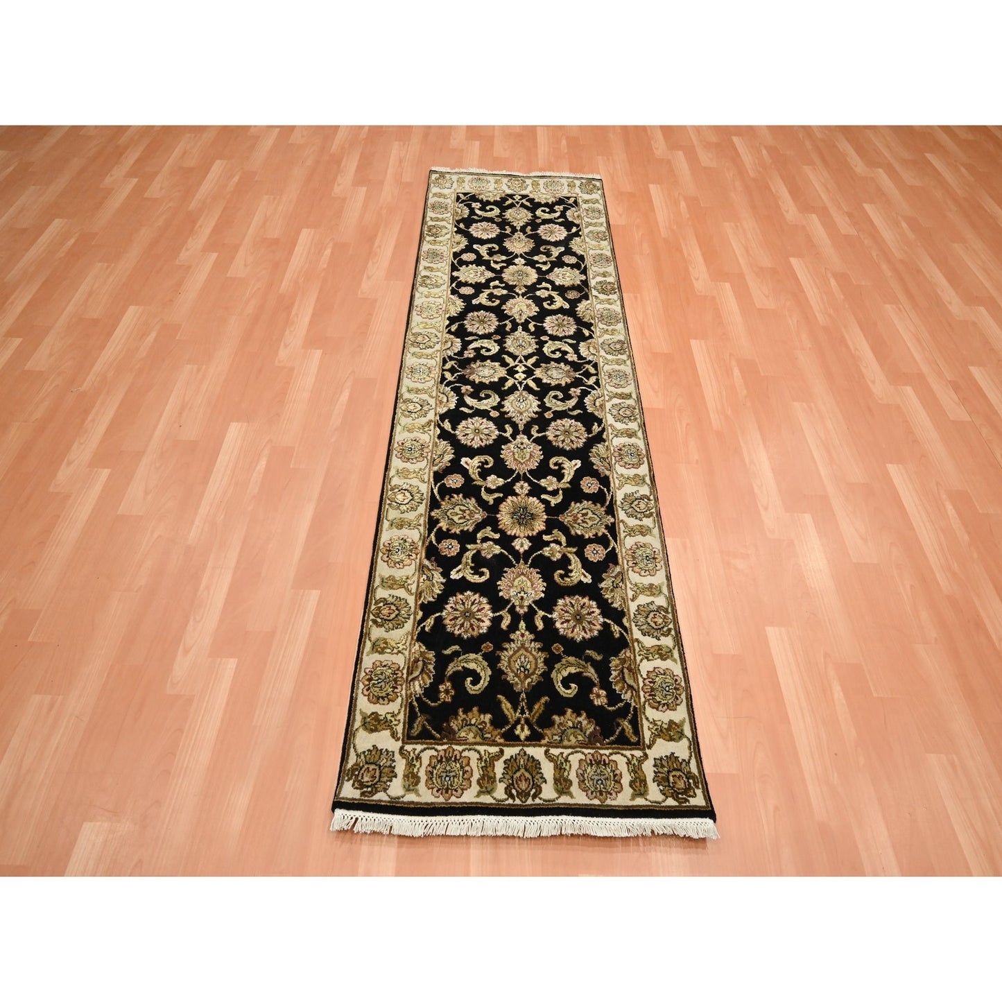 2'6"X8' Black Rajasthan Leaf Design Hand Knotted Wool & Silk Runner Rug