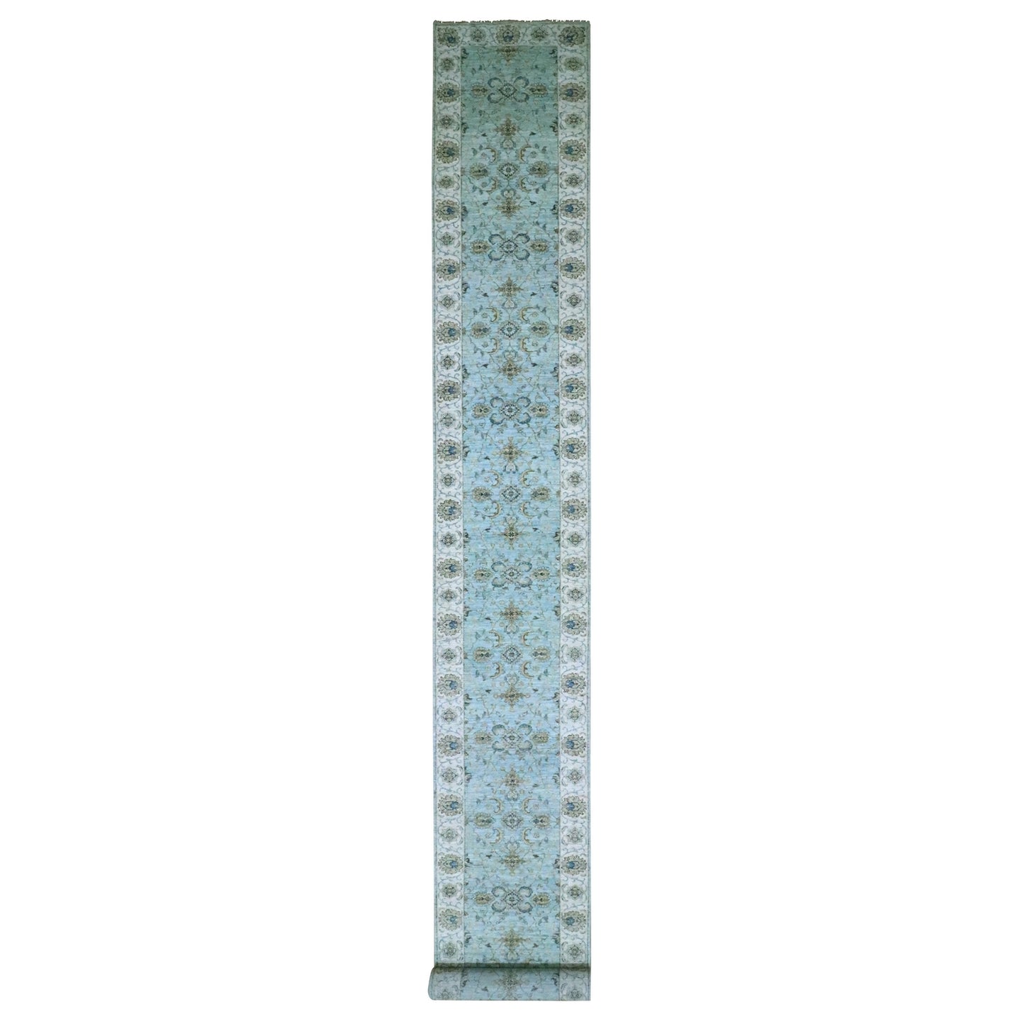 2'9"X24'3" Mist Blue Agra Flower Design Wool Hand Knotted Xl Runner Rug