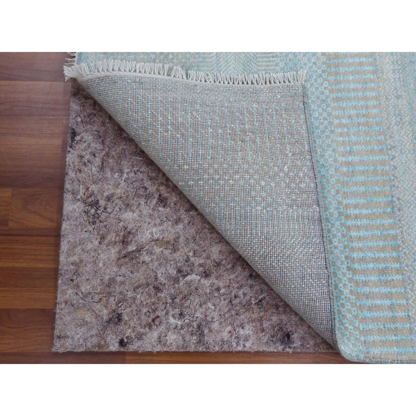 2'8"X15' Blue Hand Knotted Modern Grass Design Wool/Silk Xl Runner Rug