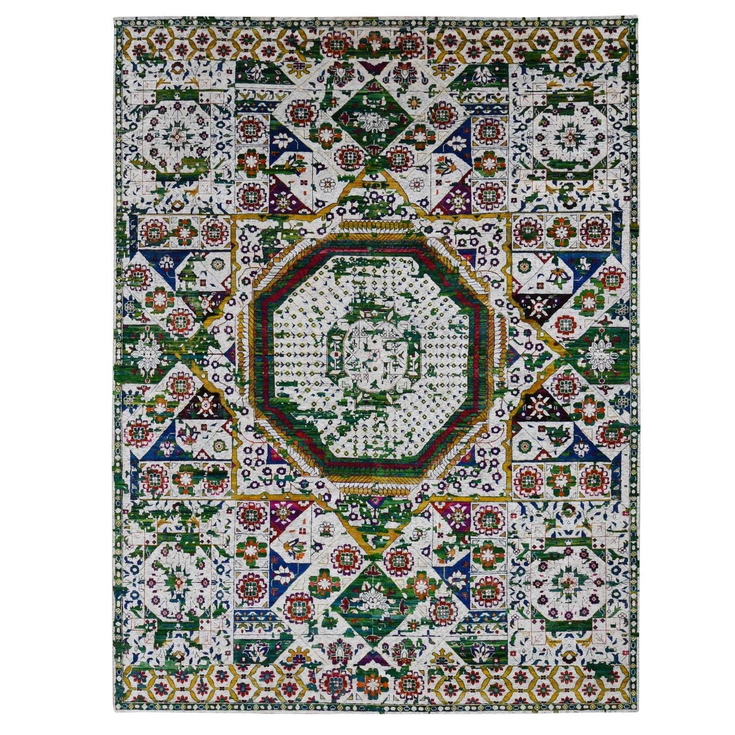 9'X12'1" Ivory Sari Silk Colorful Mamluk Design Hand Knotted Rug