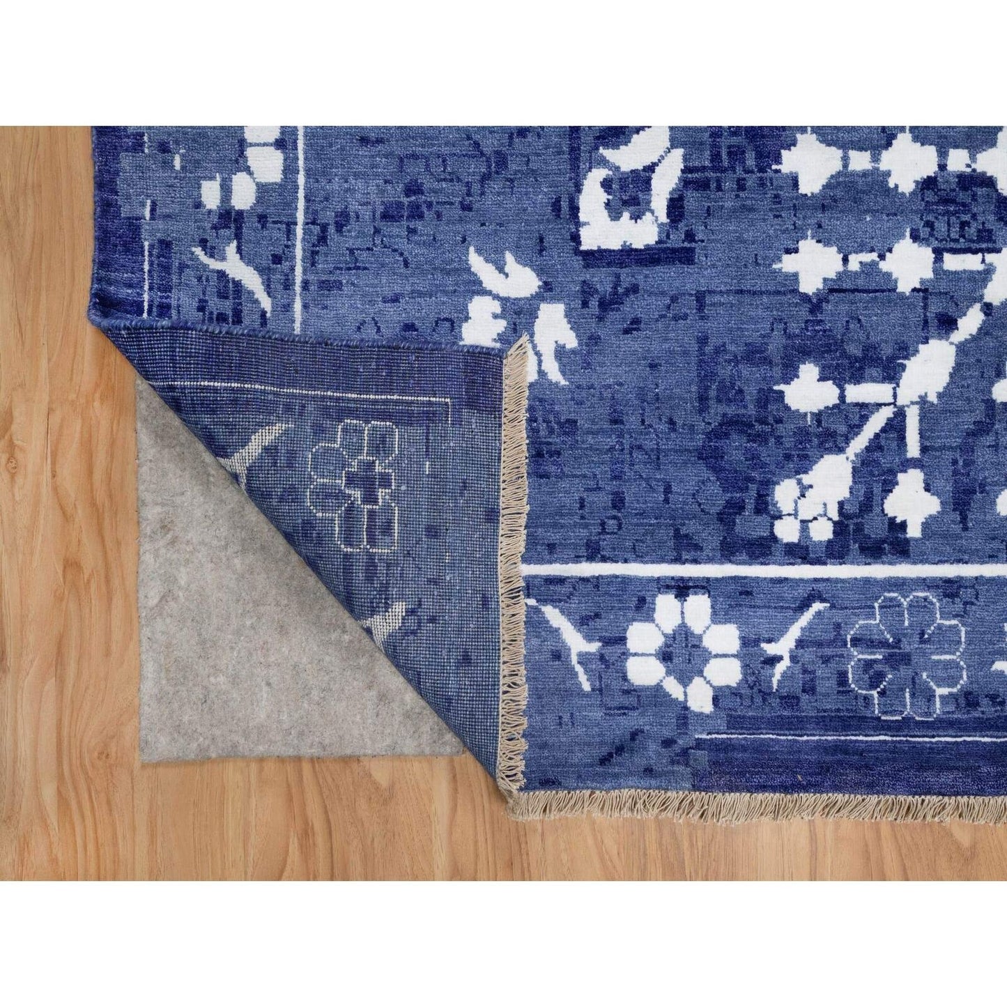 9'10"X14' Blue Tebraz With Leaf Design Hand Knotted Wool And Silk Rug