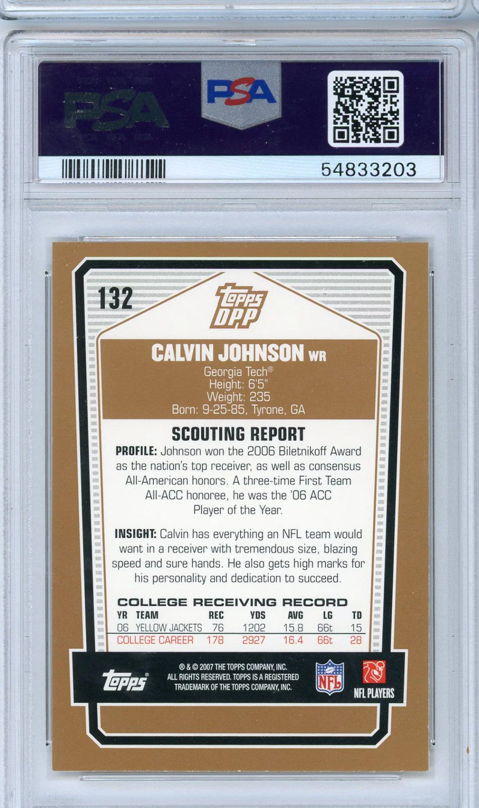 Calvin Johnson 2007 Topps Draft Picks #132 Psa Mint 9 Rc