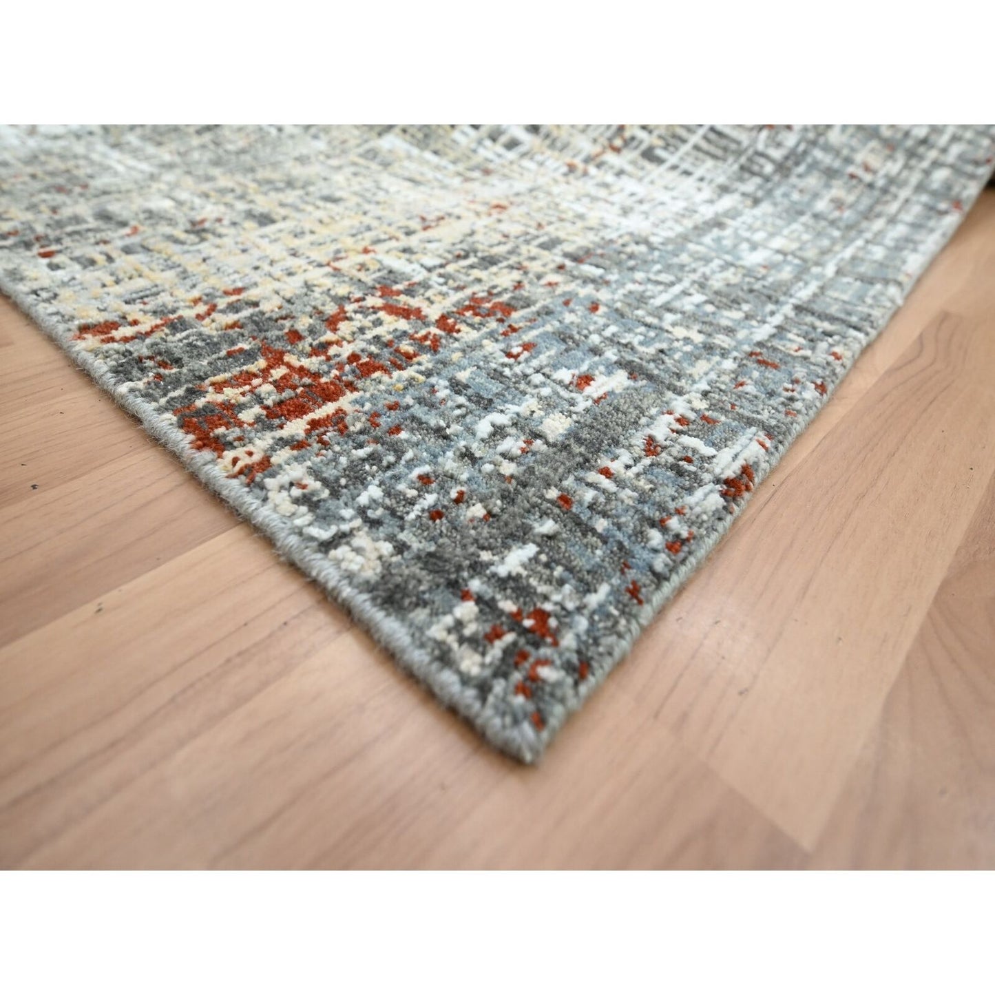 9'X12'3" Anchor Gray With Beige Abstract Design All Wool Hand Knotted Rug