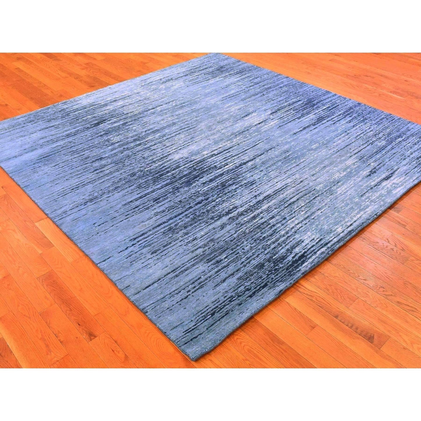 8'1"X8'1" Pure Wool Ombre Design Blue Oceanic Hand Knotted Square Rug