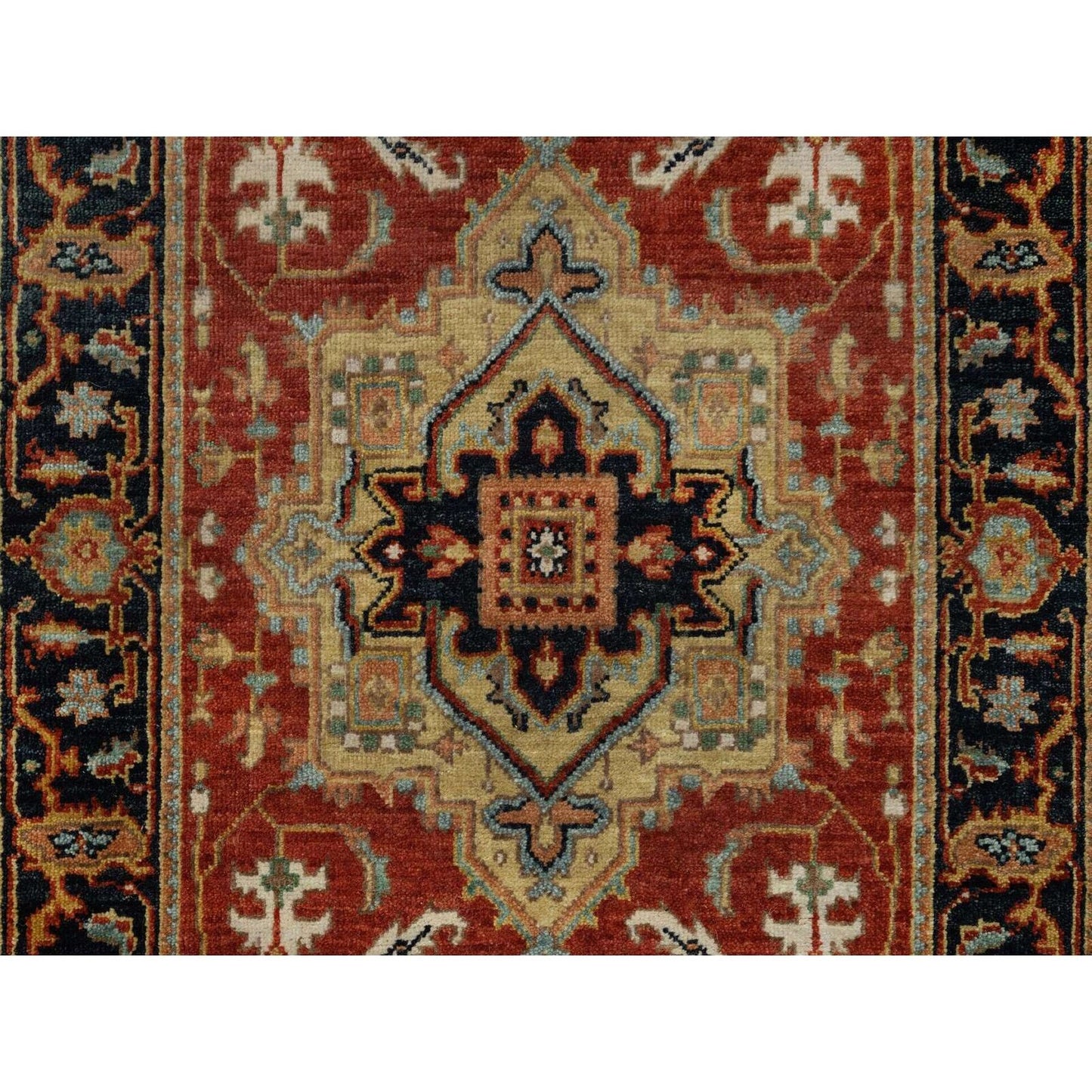2'6"X7'9" Ruby Red Hand Spun Wool Heris Revival Hand Knotted Runner Rug