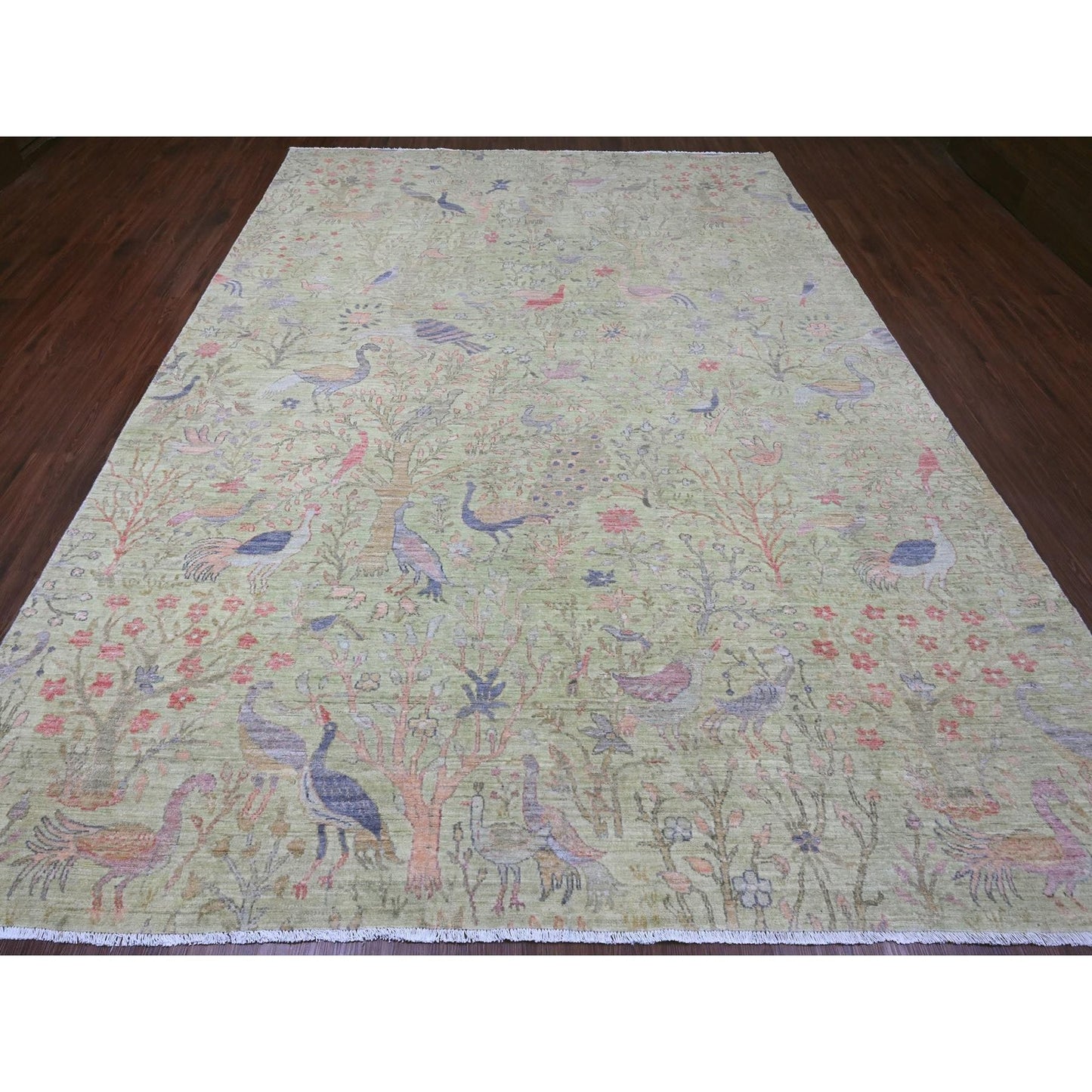 8'10"X12'3" Green Afghan Peshawar Birds Design Hand Knotted Soft Wool Rug