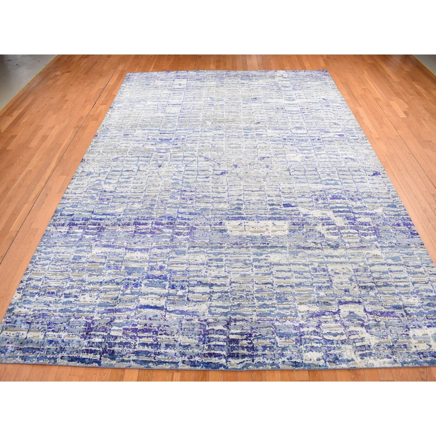 10'2"X13'10" Indigo Diminishing Bricks Sari Silk Hand Knotted Rug