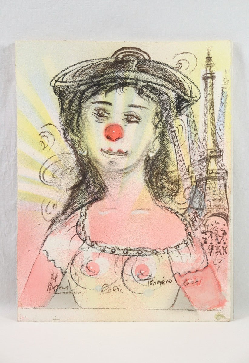 Polimeno 2004 Original Pastel Drawing "Jeune Femme La Tour Eiffel" Signed