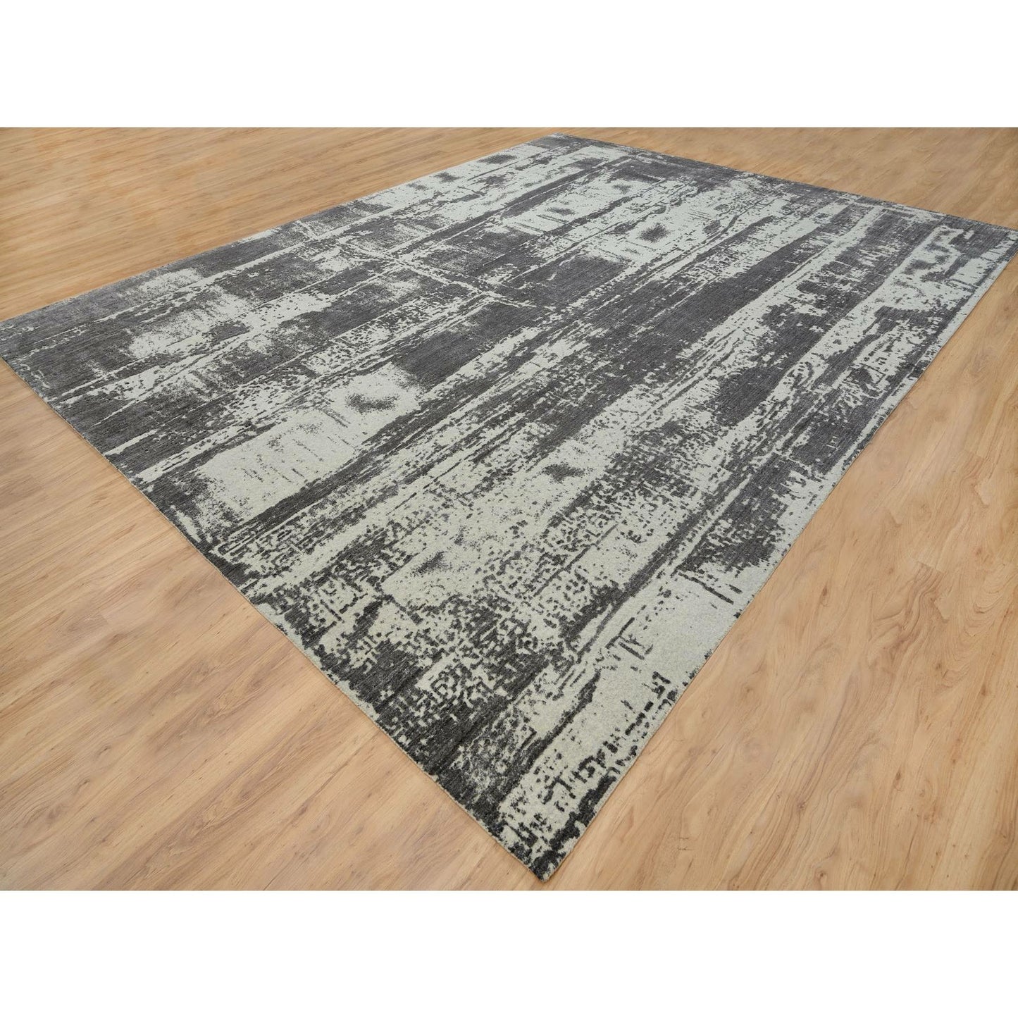 12'X15' Black Modern Design Wool And Silk Hand Loomed Oversized Rug