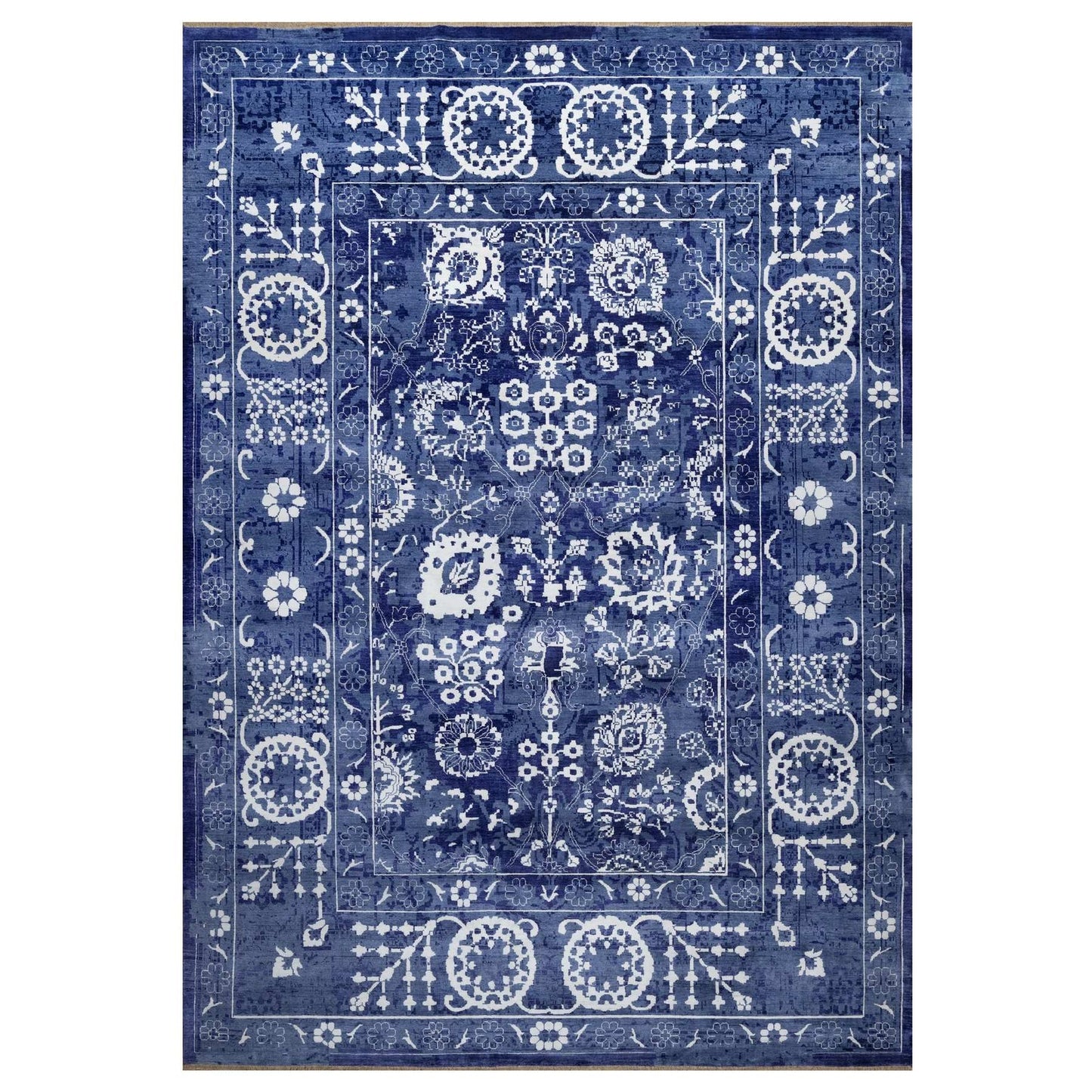9'10"X14' Blue Tebraz With Leaf Design Hand Knotted Wool And Silk Rug