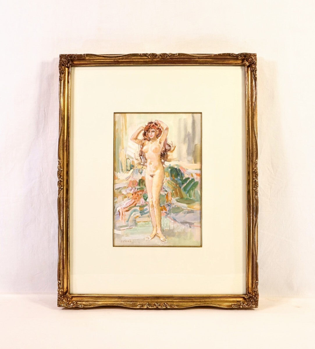 Erno Zorad "Relaxation" Signed Watercolor Nude Painting - Rare Hungary Artist