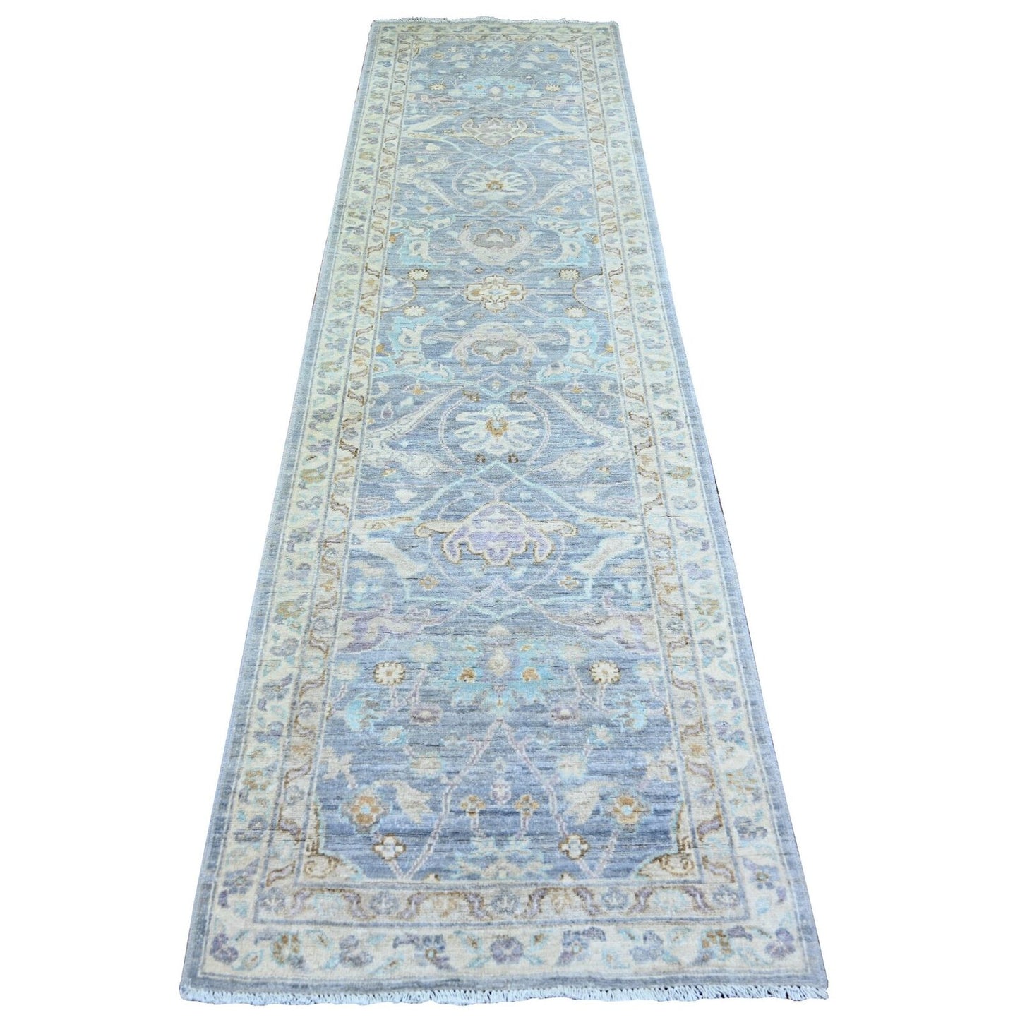 2'7"X9'6" Aegean Blue Finer Peshawar Wool Hand Knotted Runner Rug