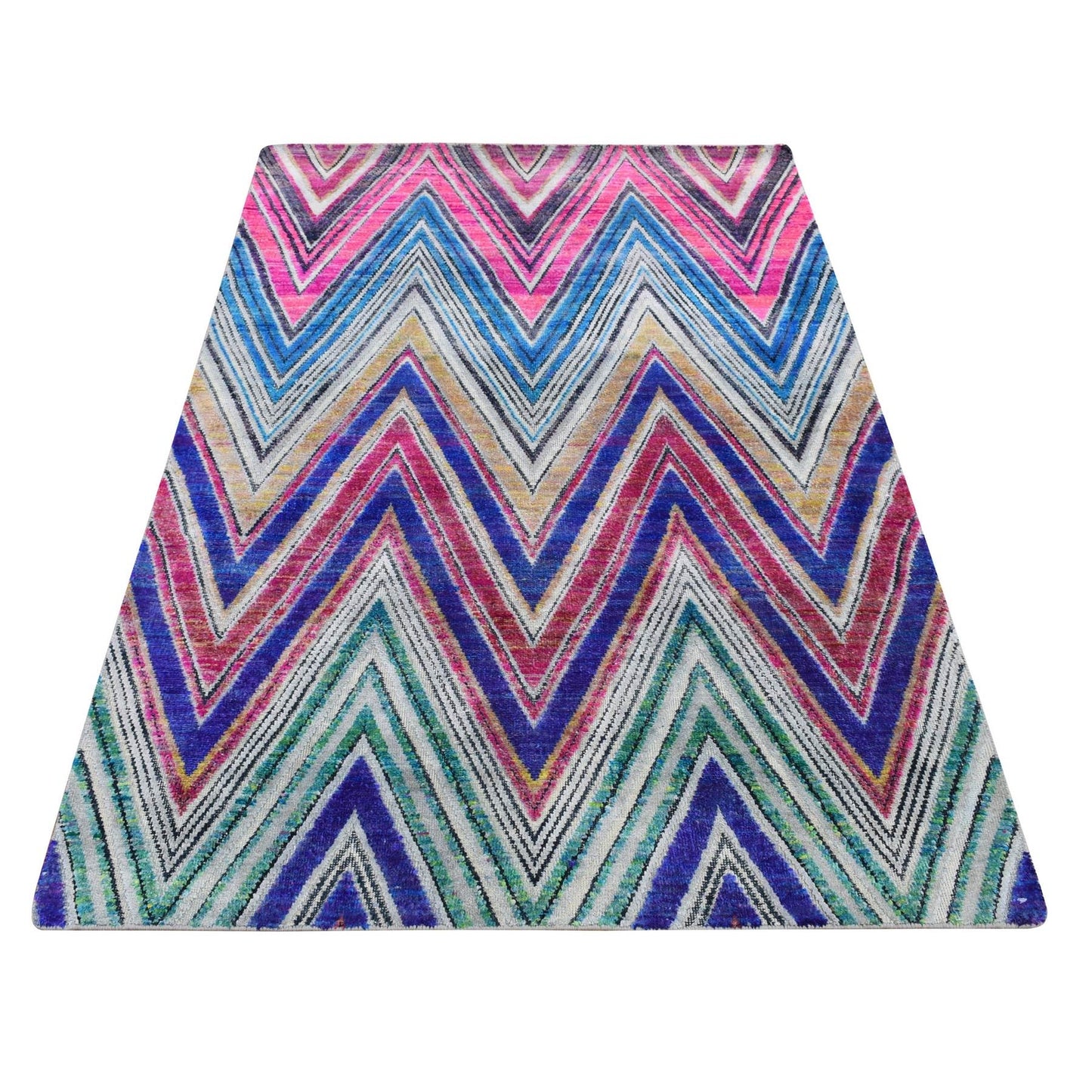 4'X6'2" Hot Pink Hand Knotted Chevron Design Silk With Wool Rug