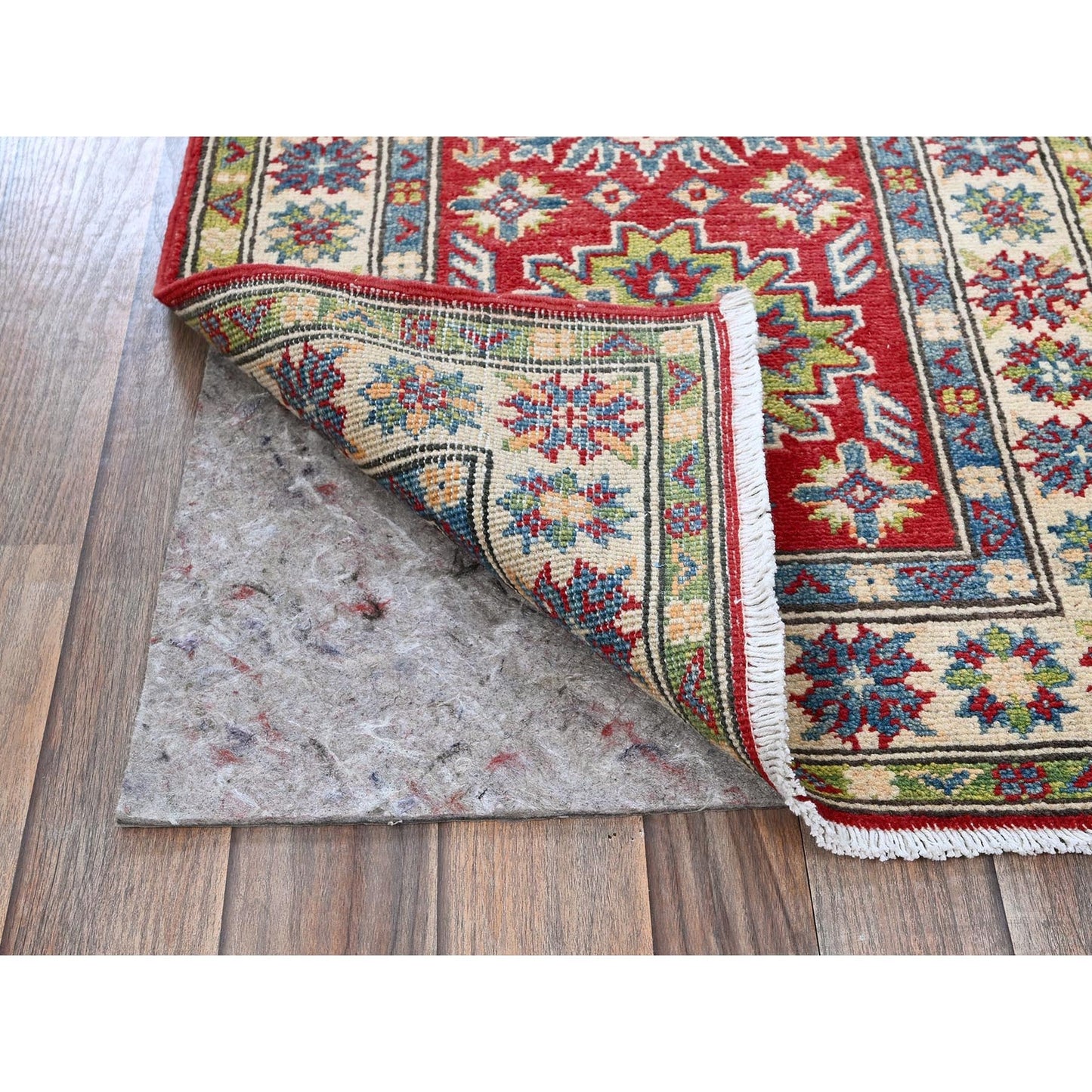 2'X5'10" Red Kazak With Tribal Design Soft Wool Hand Knotted Runner Rug