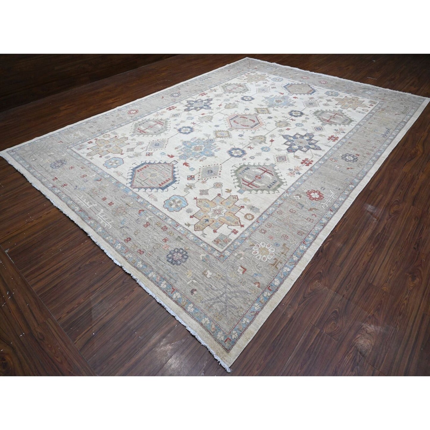9'10"X13'10" Ivory Karajeh Design All Over Geometric Motifs Oriental Rug