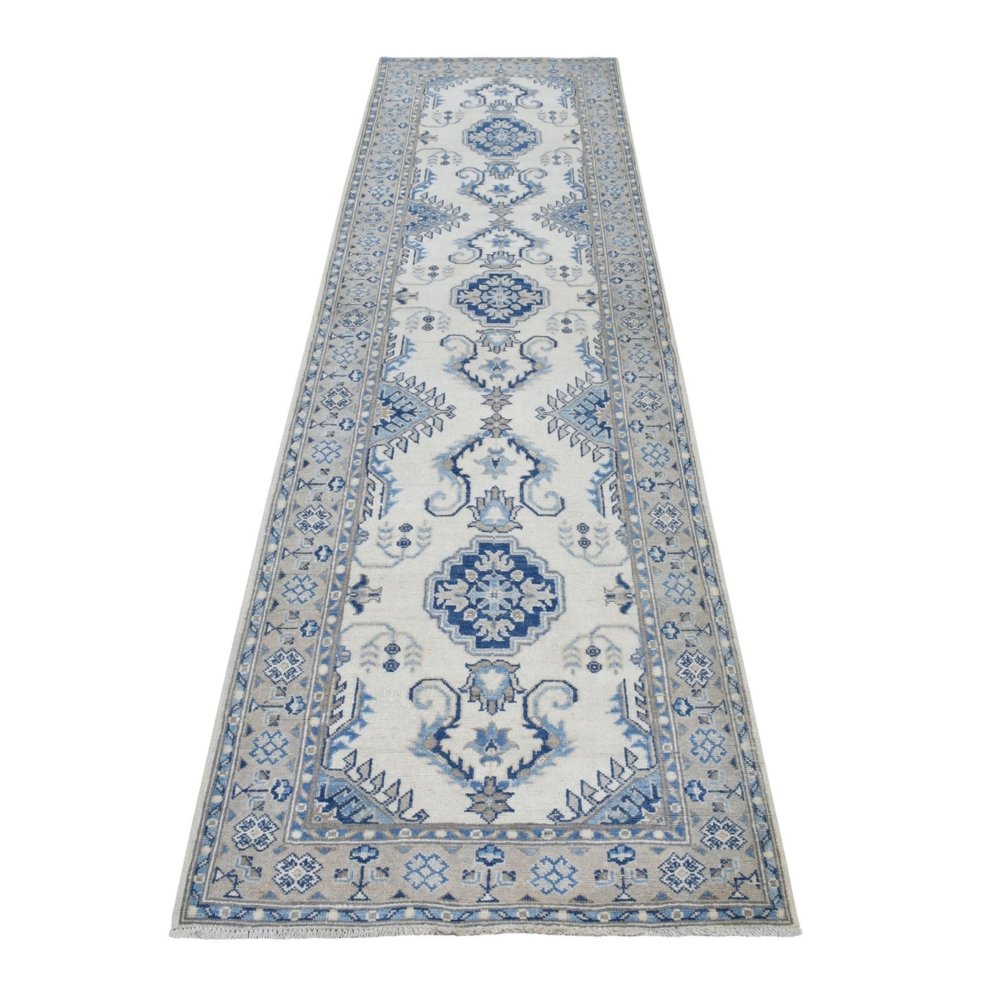 2'9"X10'7" Ivory Vintage Look Kazak Pure Wool Hand Knotted Runner Rug