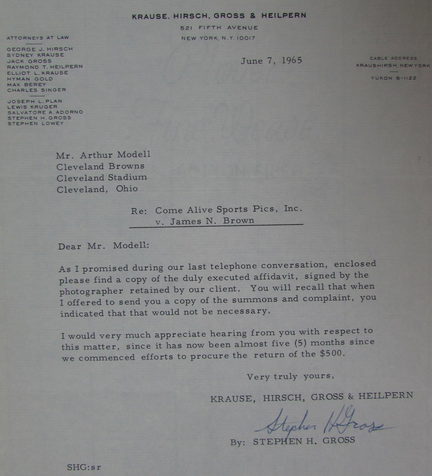 1965 Letters To And From Art Modell About Jim Brown Picture Lawsuit 145103