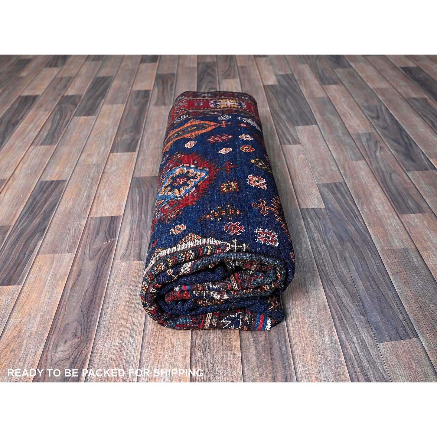 6'1"X8'5" Blue Afghan Caucasian Design Revival Hand Knotted Soft Wool Rug