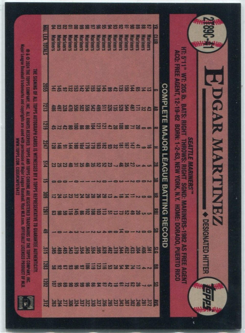 #2T89 Edgar Martinez Autographed 2024 Topps Chrome 1989 Gold MOJO Refractor Card