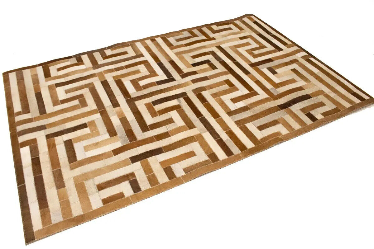 Handcrafted Brown Beige Cowhide Leather Rug