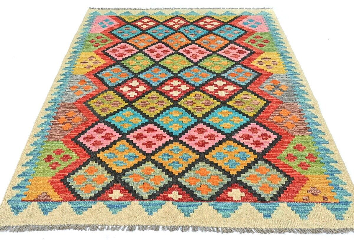 4X6 Ft Kilim Oriental Rug Multicolor Geometric