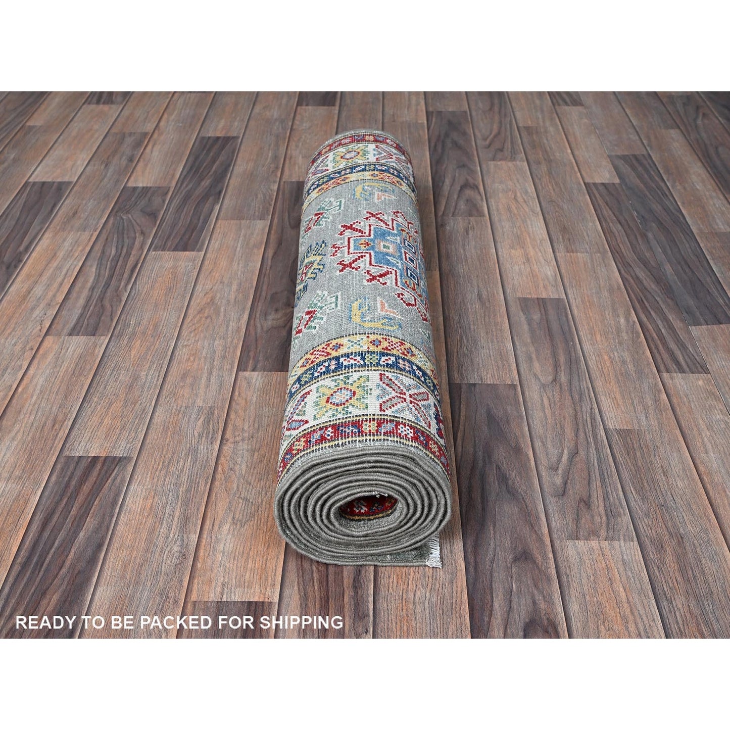 2'7"X9'3" Green Kazak With Geometric Design Wool Hand Knotted Runner Rug