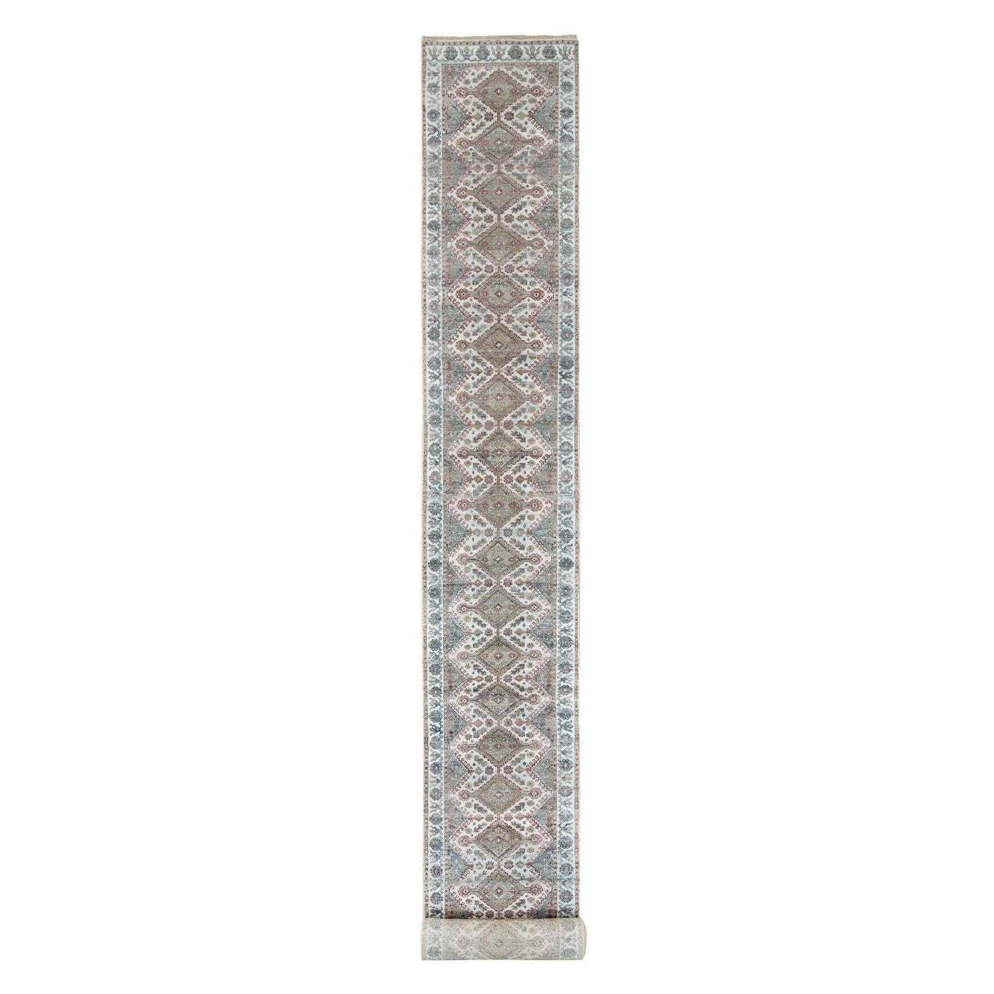 2'7"X21'9" Vista White Hand Knotted Flower Border Xl Runner Oriental Rug