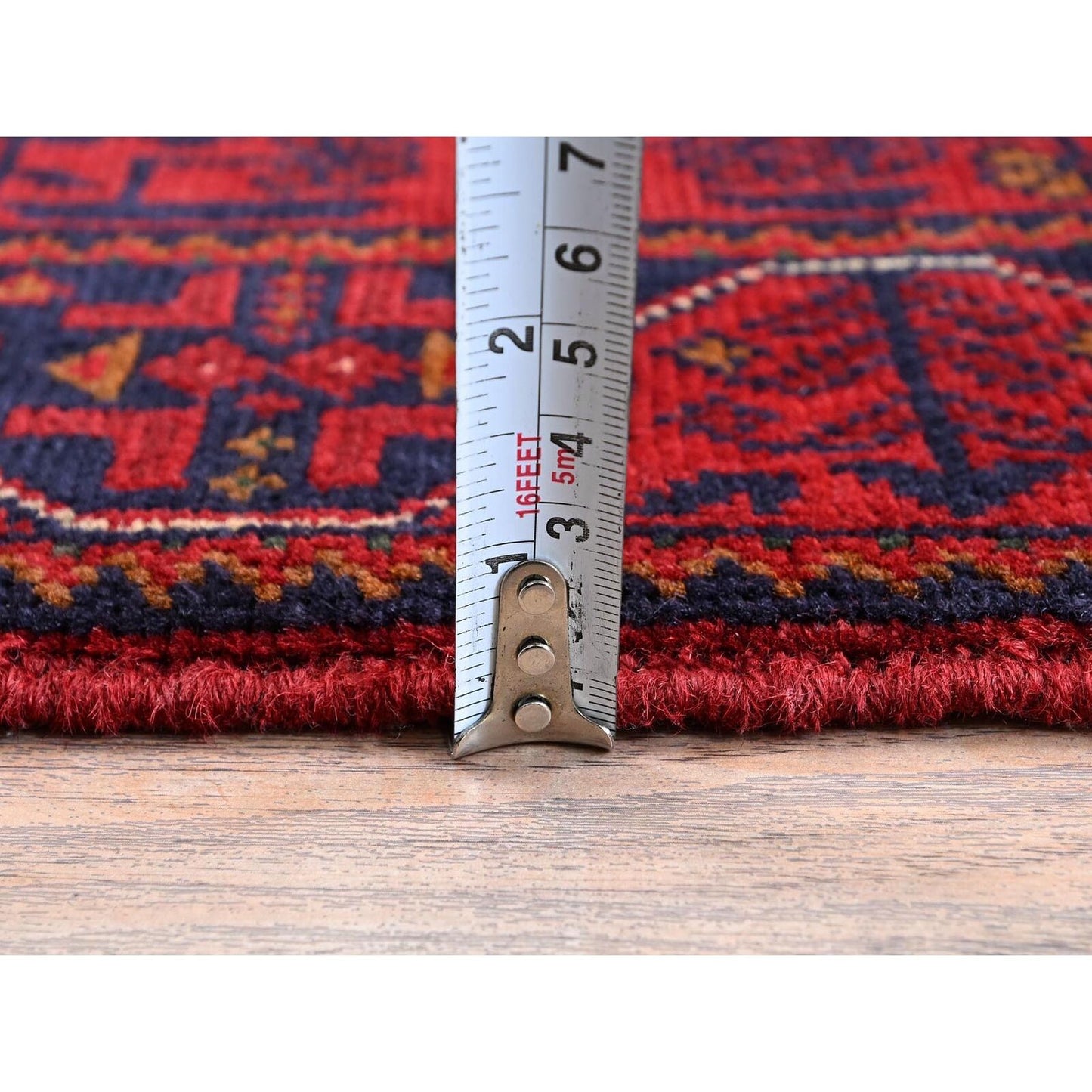 1'10"X5' Red Afghan Khamyab Geometric Pattern Hand Knotted Wool Runner Rug