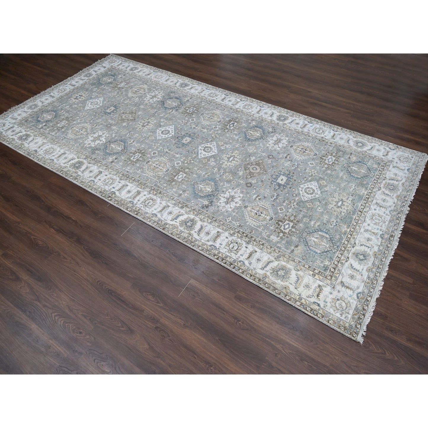 8'2"X16'3" Gray And Ivory Hand Knotted Karjihooz Design Wool Rug