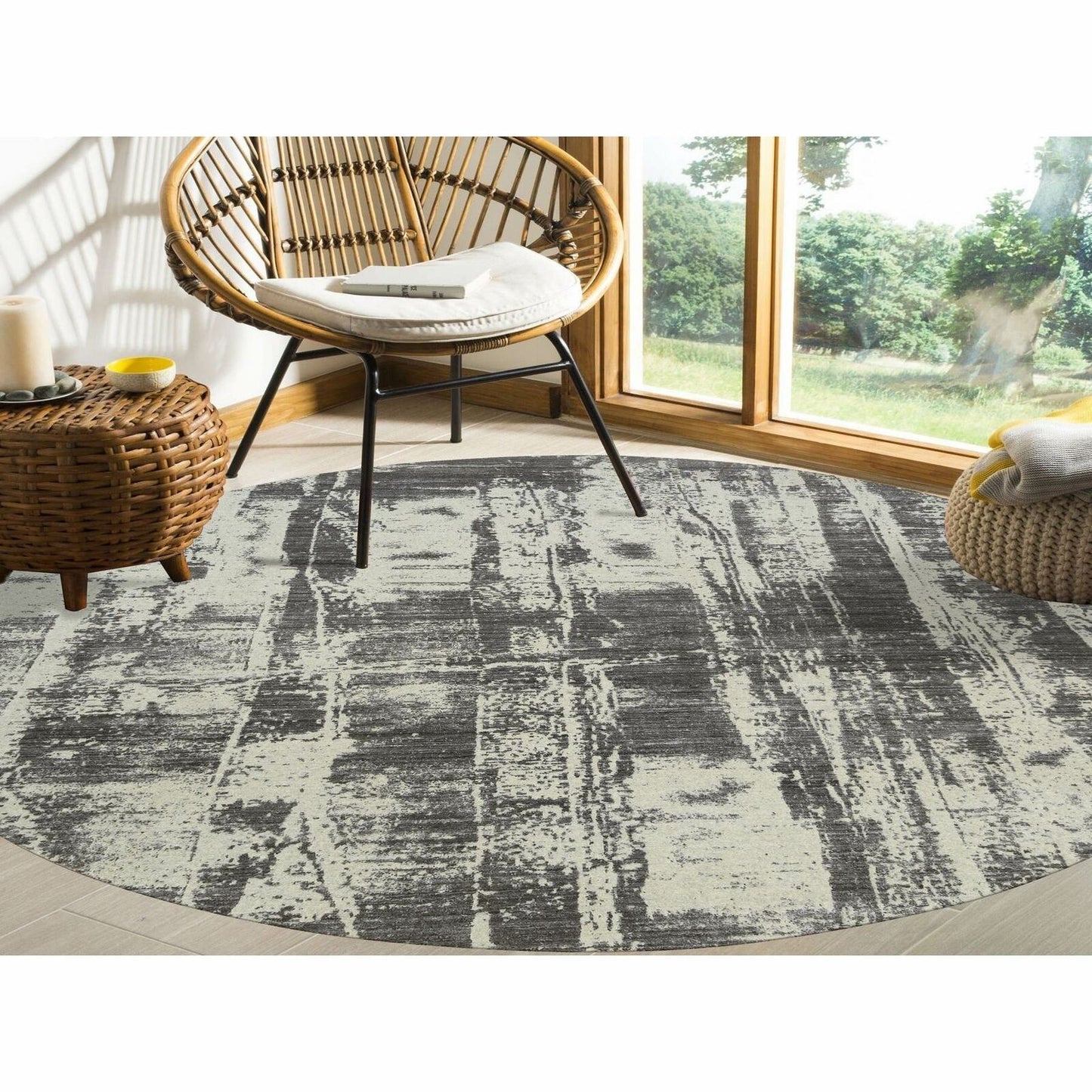 10'X10' Black Modern Design Wool And Silk Hand Loomed Round Rug