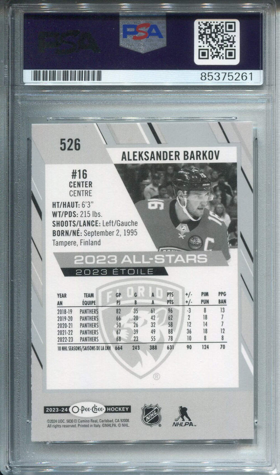 Aleksander Barkov Autographed O-Pee-Chee Card Psa Auto Grade 10