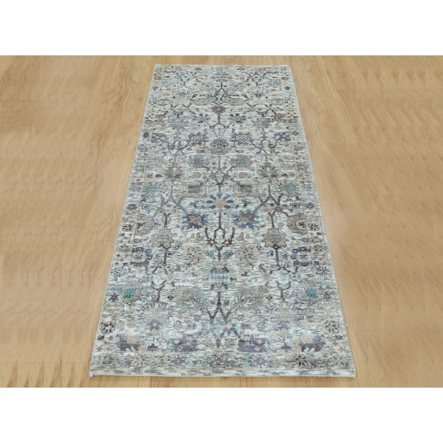 2'6"X6'2" Ivory Silk With Textured Wool Hand Knotted Runner Fine Rug
