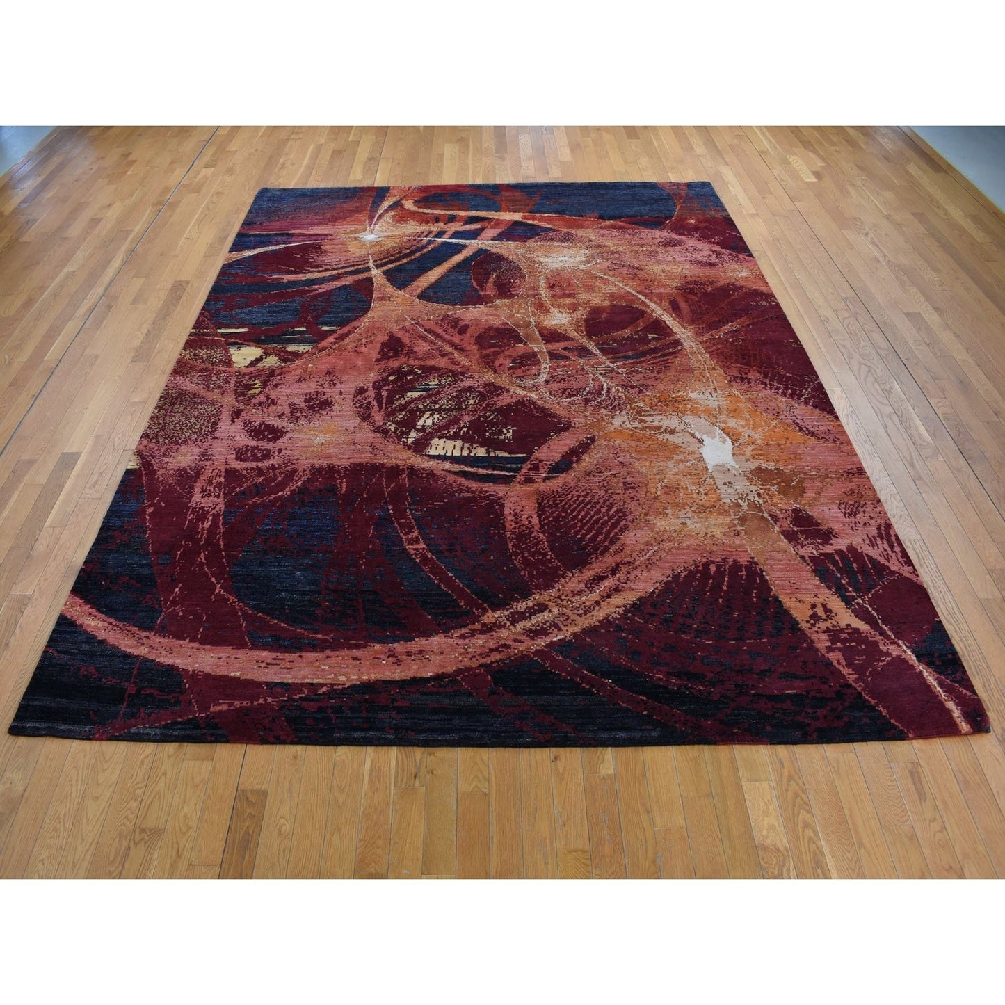 9'2"X12' Red The Flamboyant Galaxy Design Wool And Silk Hand Knotted Rug