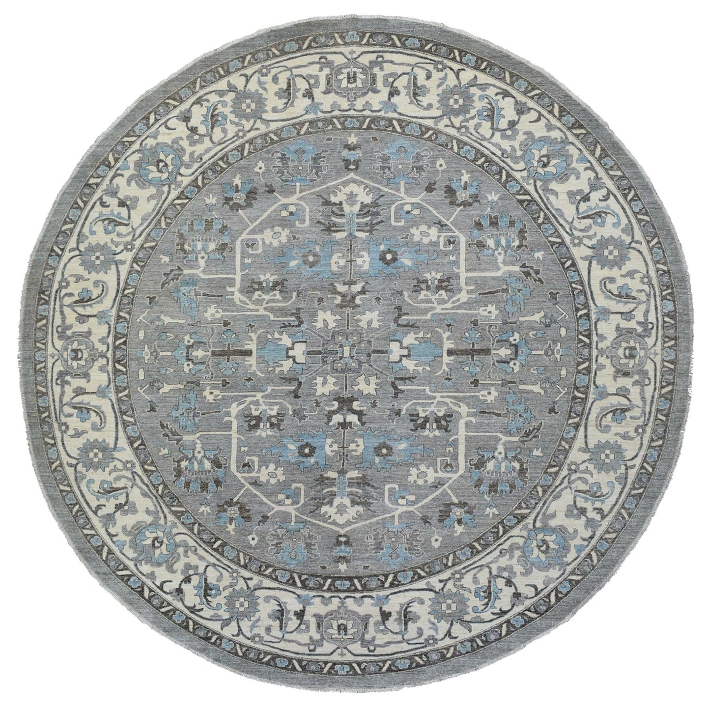11'8"X11'8" Hand Knotted Gray Heriz Fine Peshawar Pure Wool Round Rug