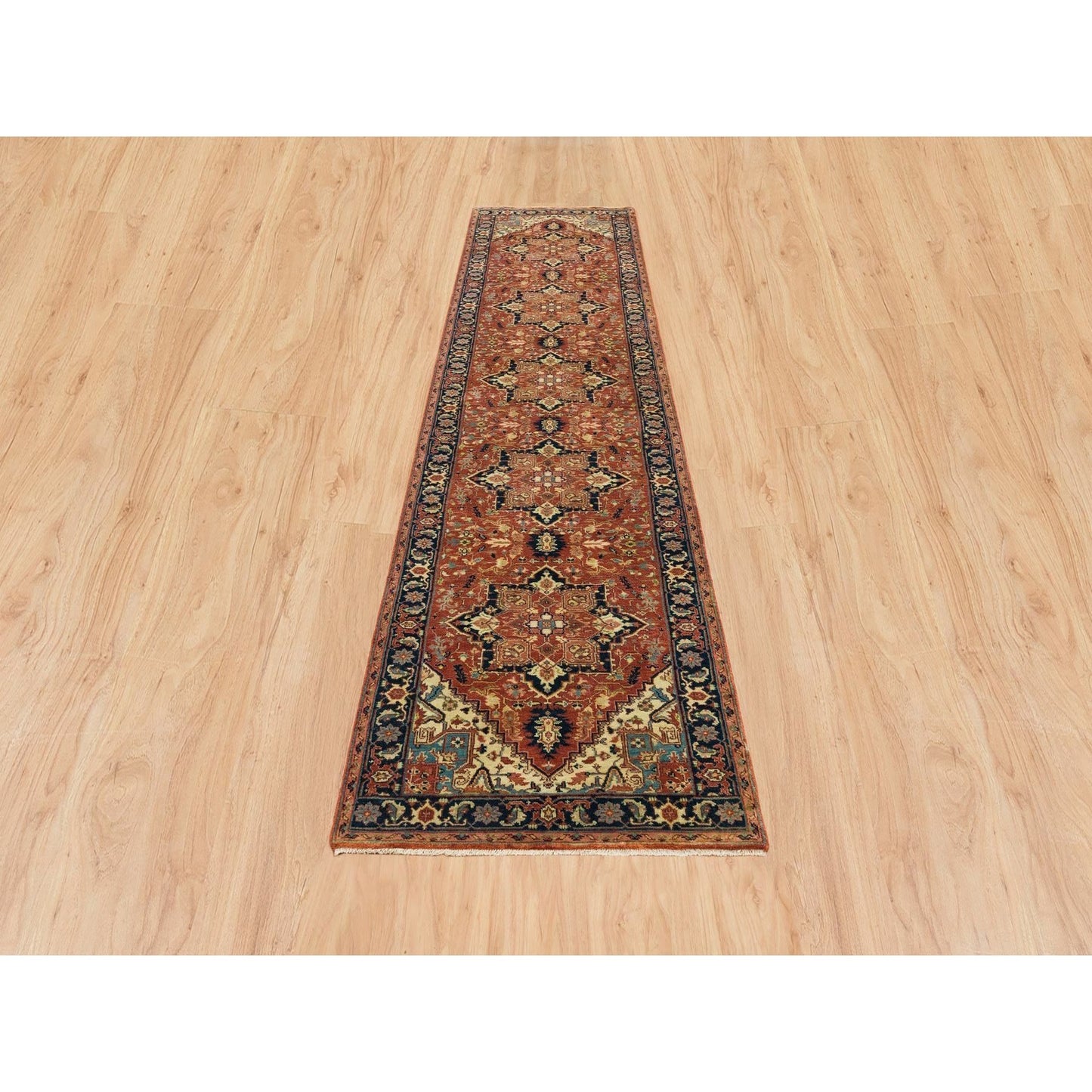2'7"X12'1" Red Hand Knotted Heris Re-Creation Organic Wool Runner Rug