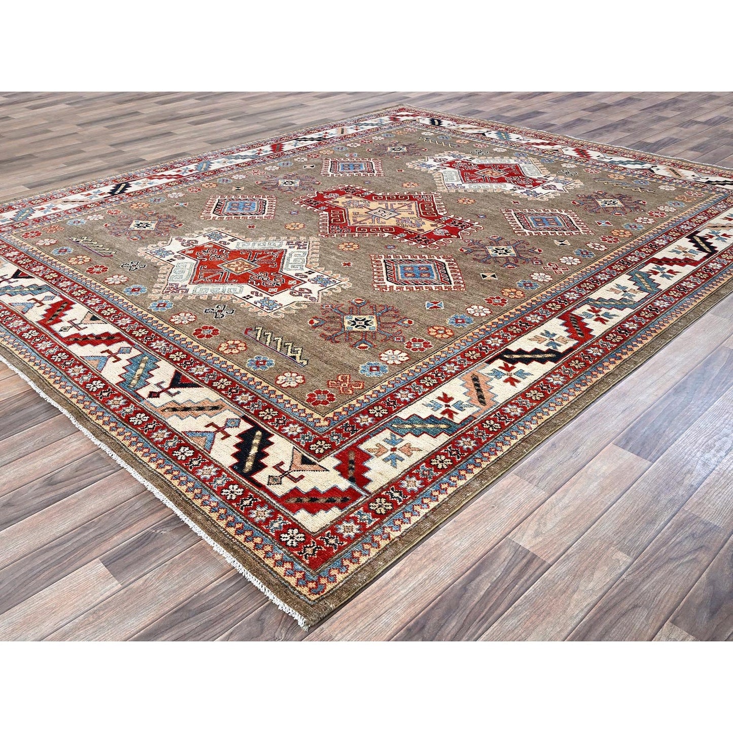 8'2"X10' Brown Afghan Special Kazak Geometric Design Hand Knotted Wool Rug