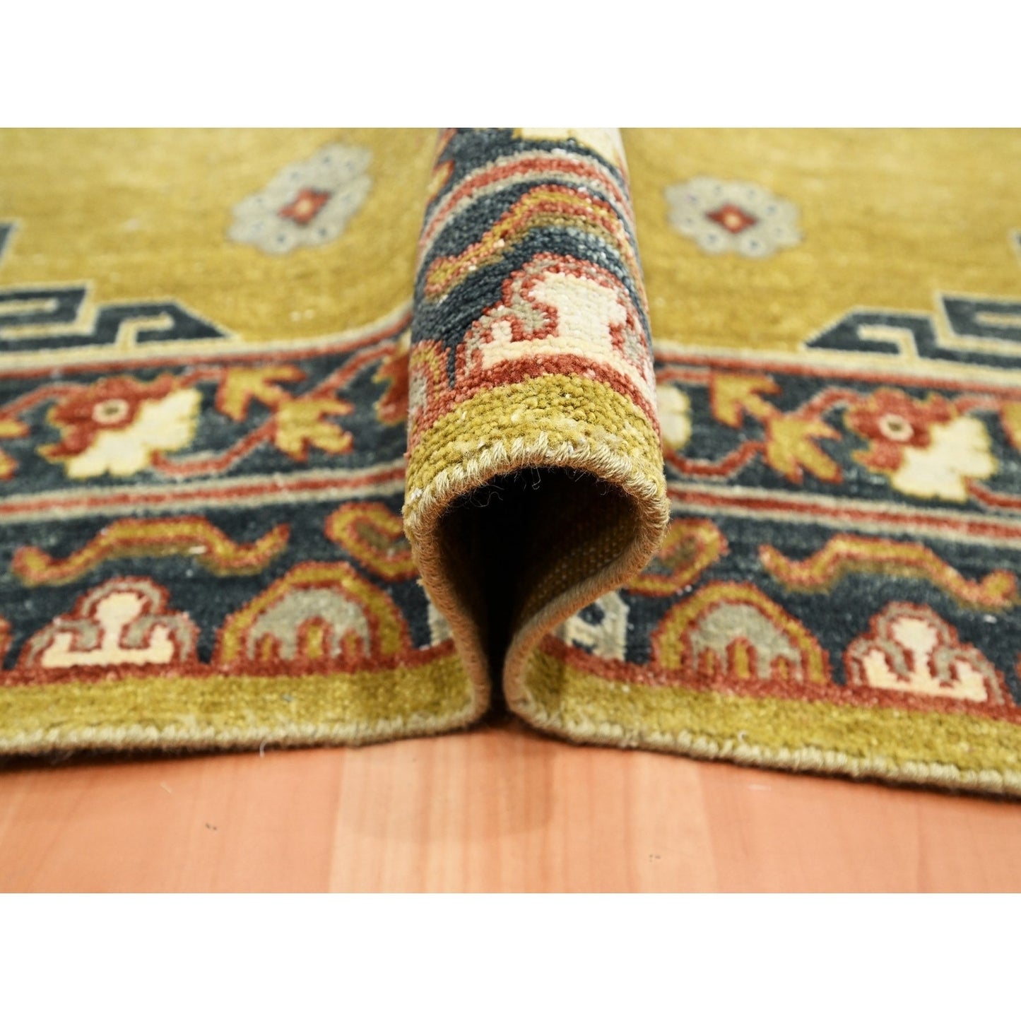 6'1"X9'4" Yellow Khotan Influence Distressed Hand Knotted 100% Wool Rug