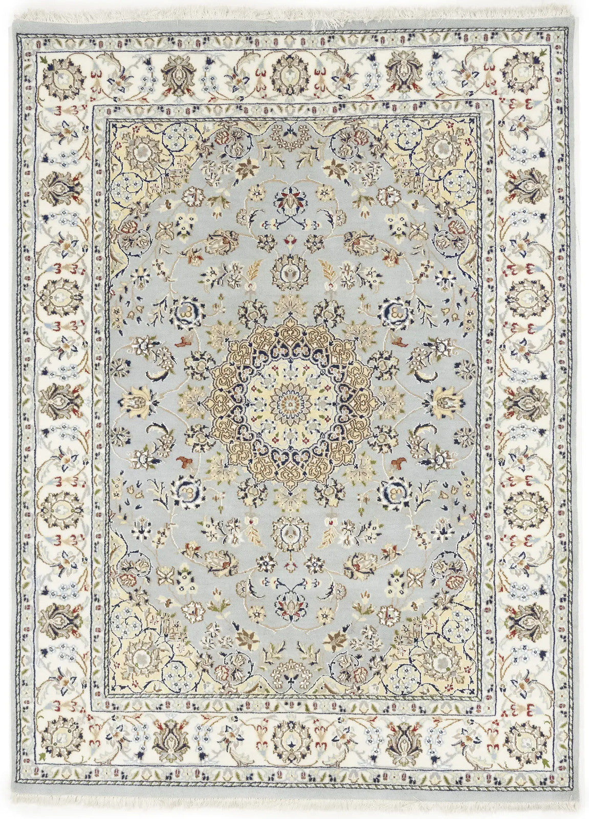 Wool Silk Indo-Nain Blue Gray 5X7 Ft Oriental Rug
