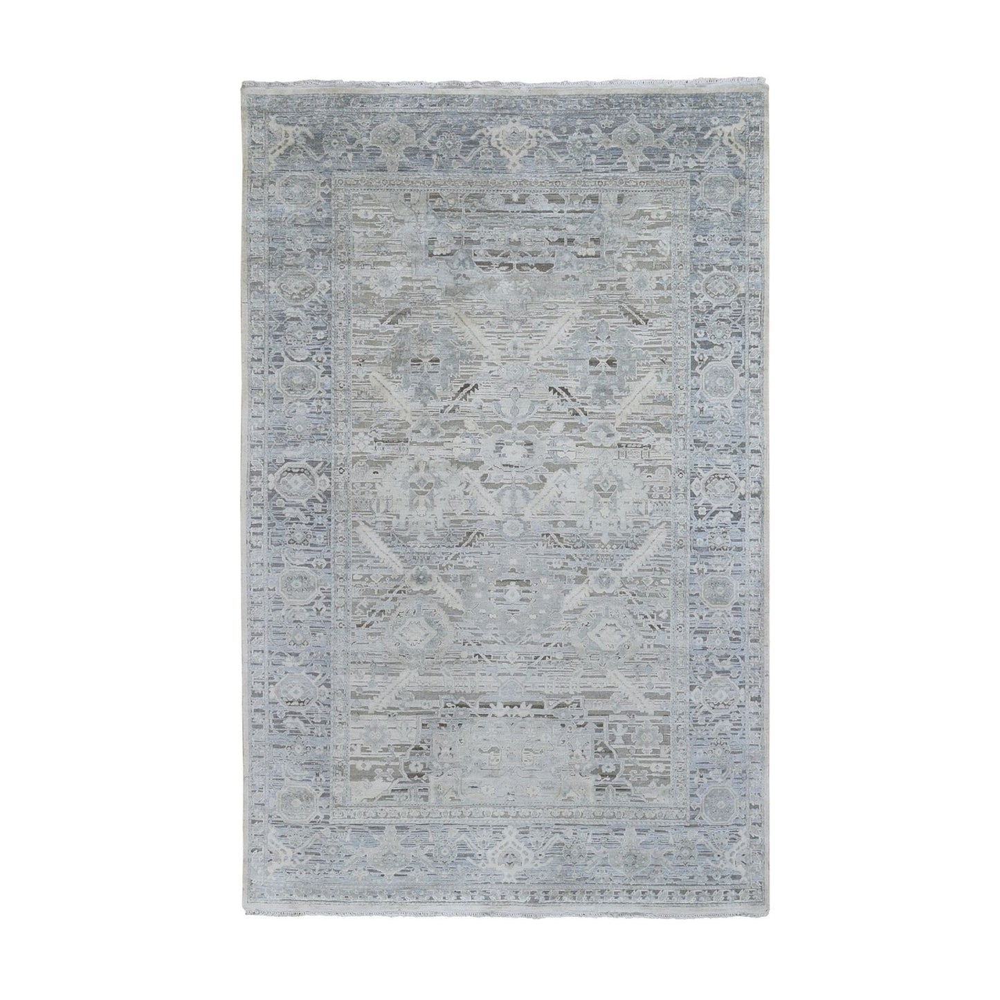6'X9'5" Gray Pure Silk & Textured Wool Oushak Geometric Motif Rug